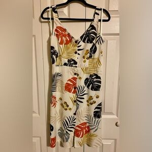 Tropical Button-Front Sundress in Ivory with  Rust & Black Leaves